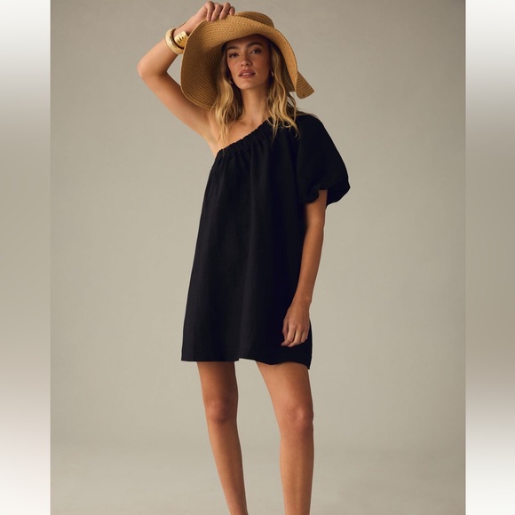 Anthropologie Dresses & Skirts - BY ANTHROPOLOGIE EUC One Shoulder Waistless Mini Dress Linen Blend M Black